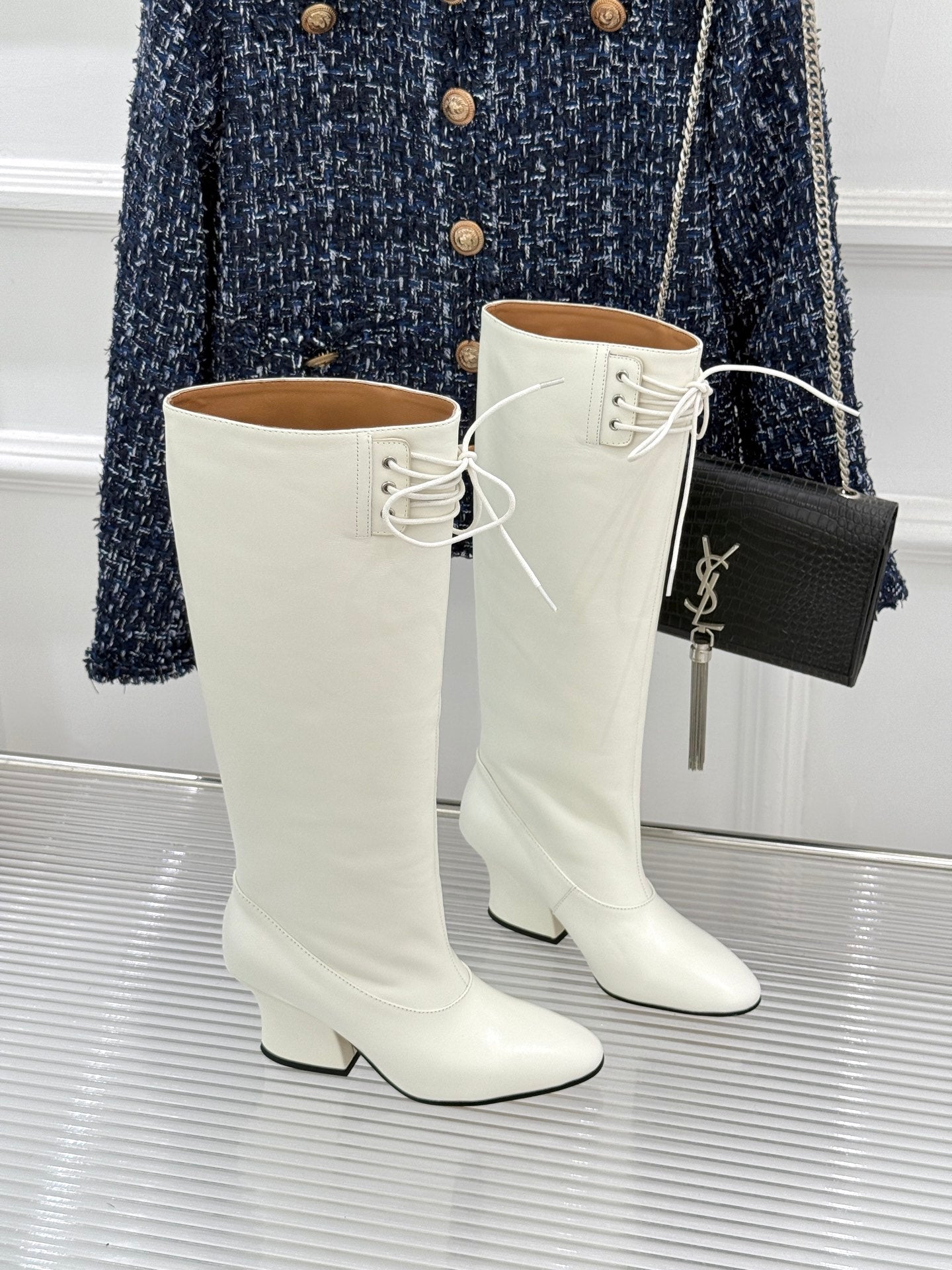 Jil Sander Lace-Up Block-Heel Boots (White)