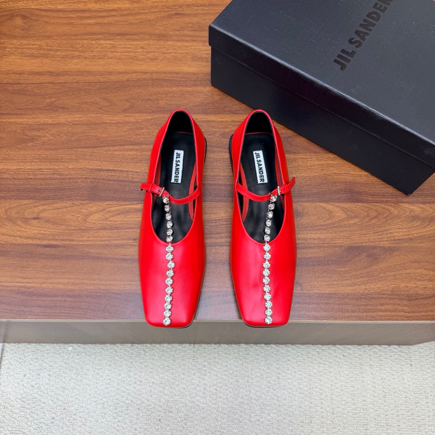 Jil Sander Luxury Crystal-Embellished Mary Jane Ballet Flats (Red)