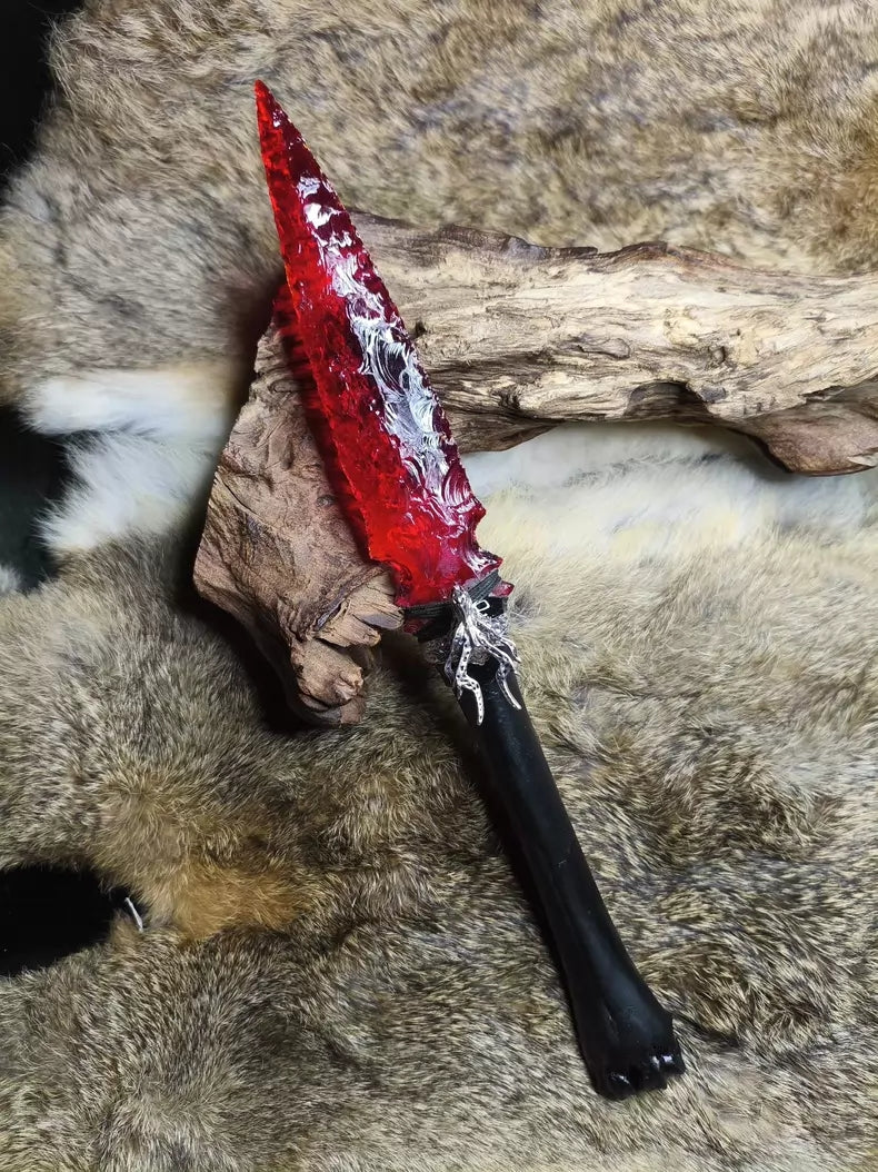 Knapped stone tool with red crystal and red glass; straight-edged stone knife/blade—new "War-Stab" series stone knife.