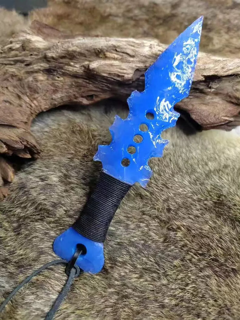 Tactical custom-forged stone-style knife; handcrafted custom knife with a unique blade shape and blue opal inlay; full-tang construction.