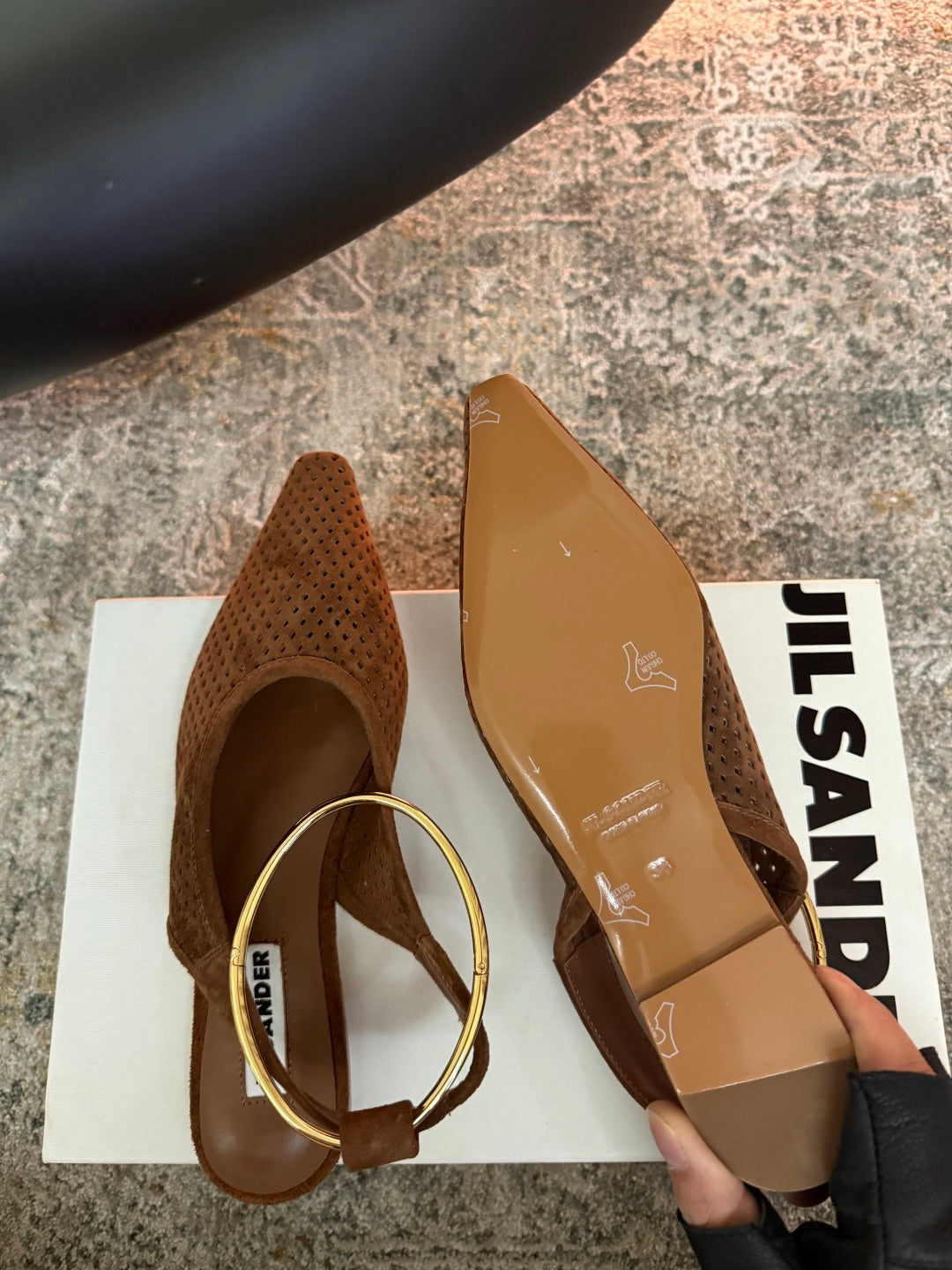 Jil Sander Pointed-Toe Perforated Suede Ballet Flats (Brown)