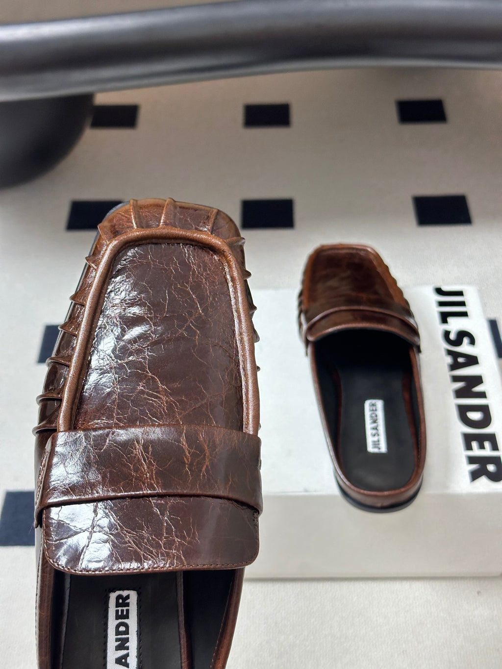 JIL SANDER Square-Toe Pleated Leather Mules (Brown)