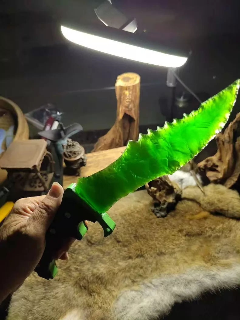 Knapped stone knife; knapped stone "Hunter's Dagger"! Green cat's-eye stone knife—CS:GO Doppler Emerald style.