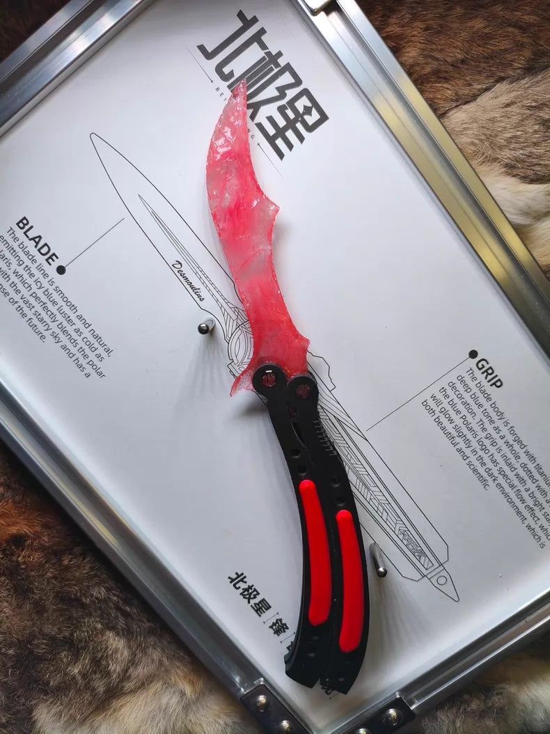 Knapped stone knife, CS:GO butterfly knife, red smelted stone blade with red gradient.