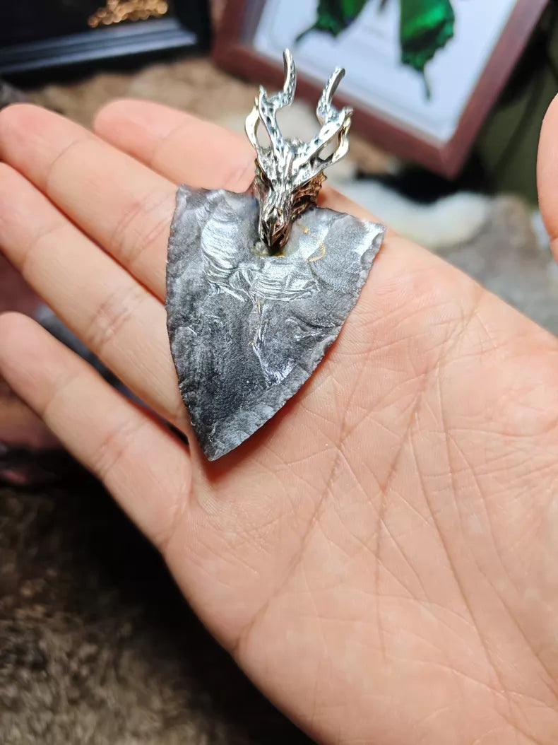 "Dragon Shield" – A Masterpiece Hand-Crafted Silver Sheen Obsidian Pendant Featuring a Dragon-Head Silver Shield Design