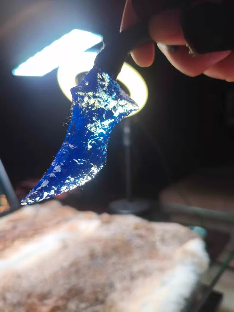 Knapped stone knife for opening packages; unique-shaped small knife; blue opal knife.