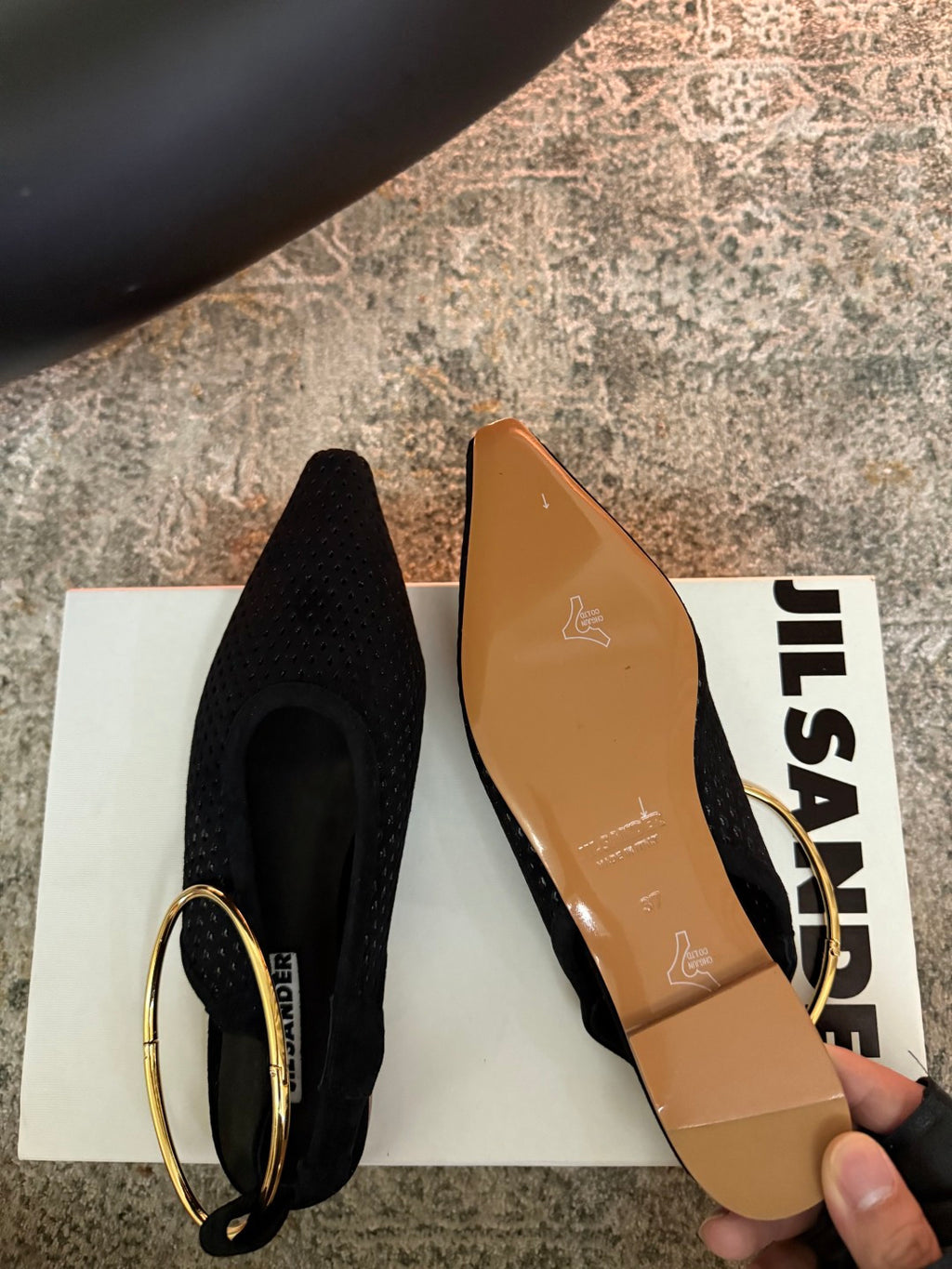Jil Sander Pointed-Toe Perforated Suede Ballet Flats (Black)