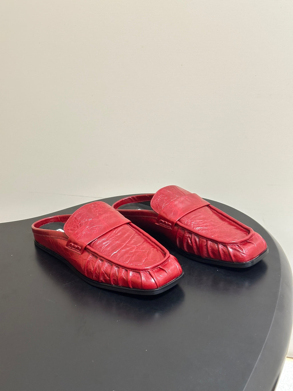 JIL SANDER Square-Toe Pleated Leather Mules (Red)