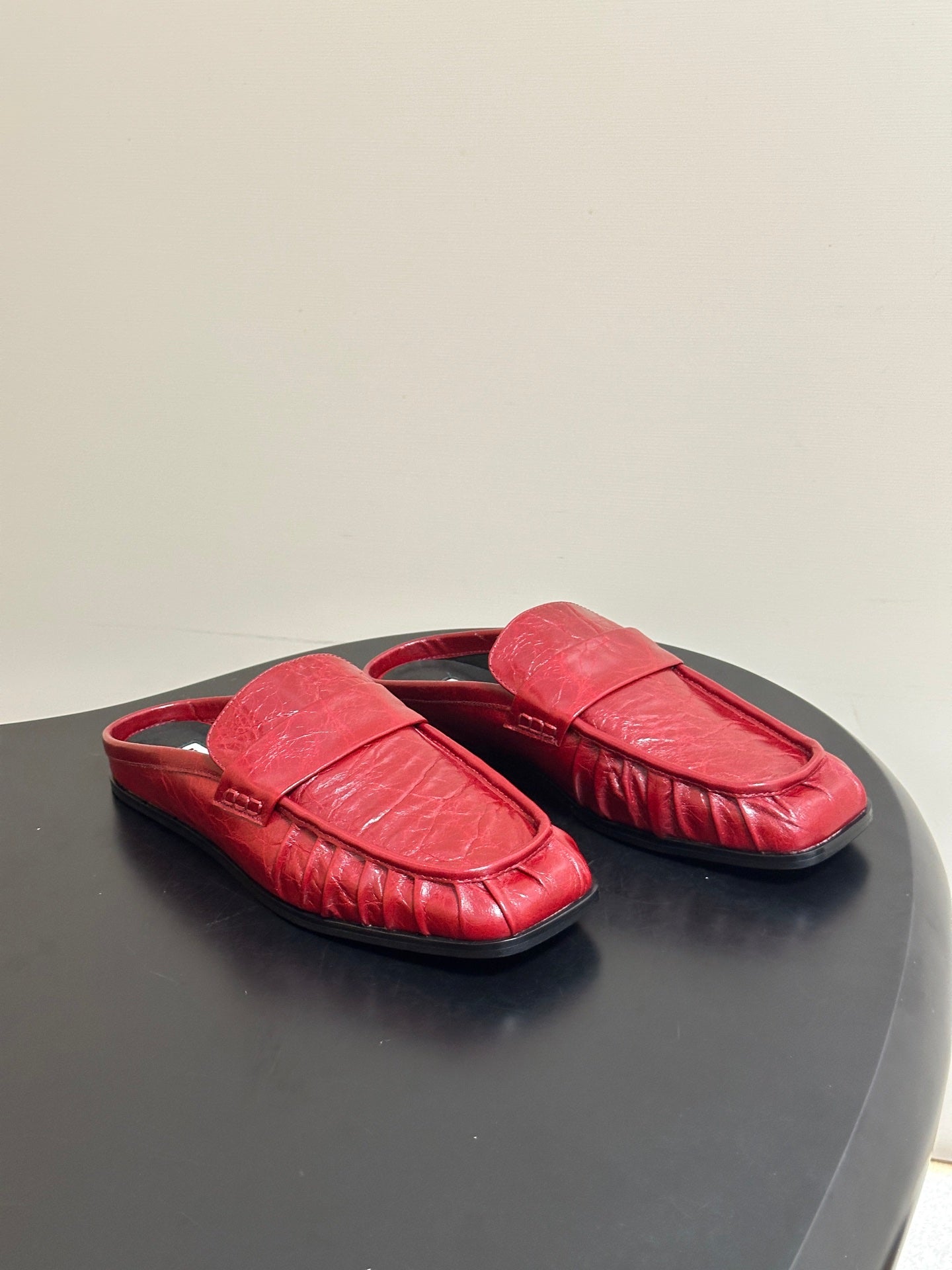 JIL SANDER Square-Toe Pleated Leather Mules (Red)
