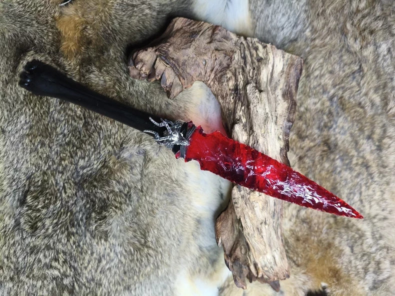 Knapped stone tool with red crystal and red glass; straight-edged stone knife/blade—new "War-Stab" series stone knife.