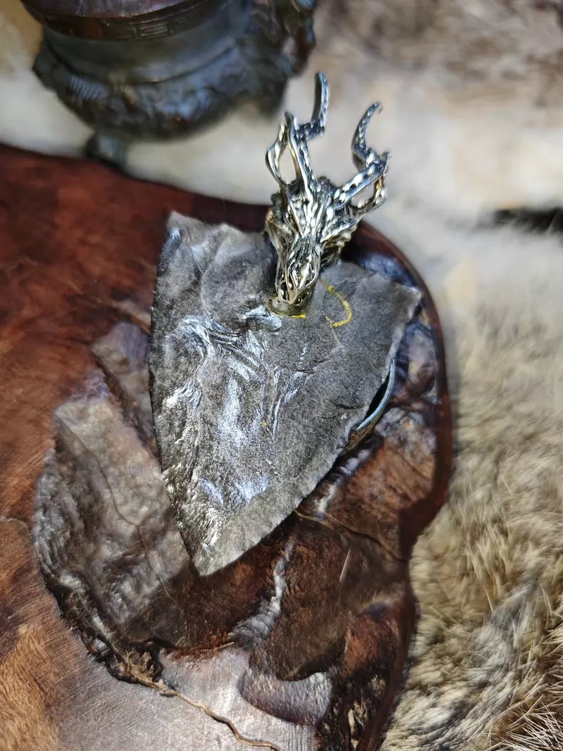 "Dragon Shield" – A Masterpiece Hand-Crafted Silver Sheen Obsidian Pendant Featuring a Dragon-Head Silver Shield Design