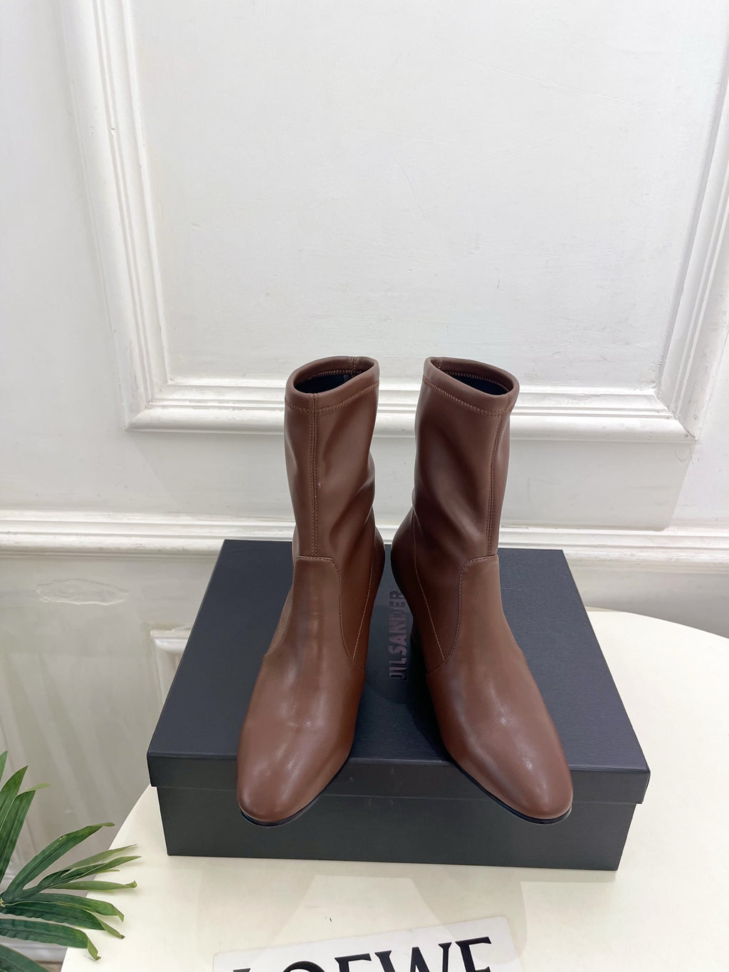 Jil Sander Minimalist Retro Stretch Ankle Boots with Block Heels Brown
