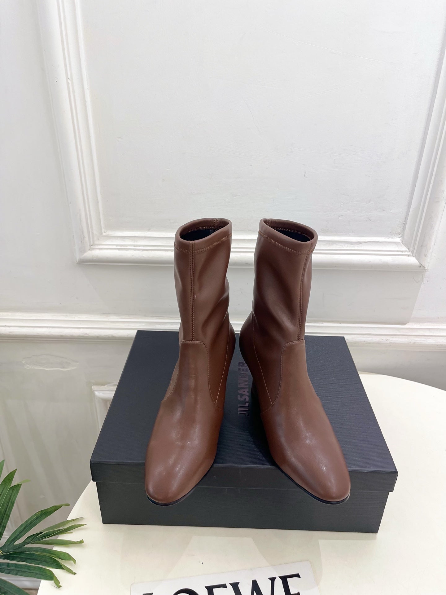 Jil Sander Minimalist Retro Stretch Ankle Boots with Block Heels Brown