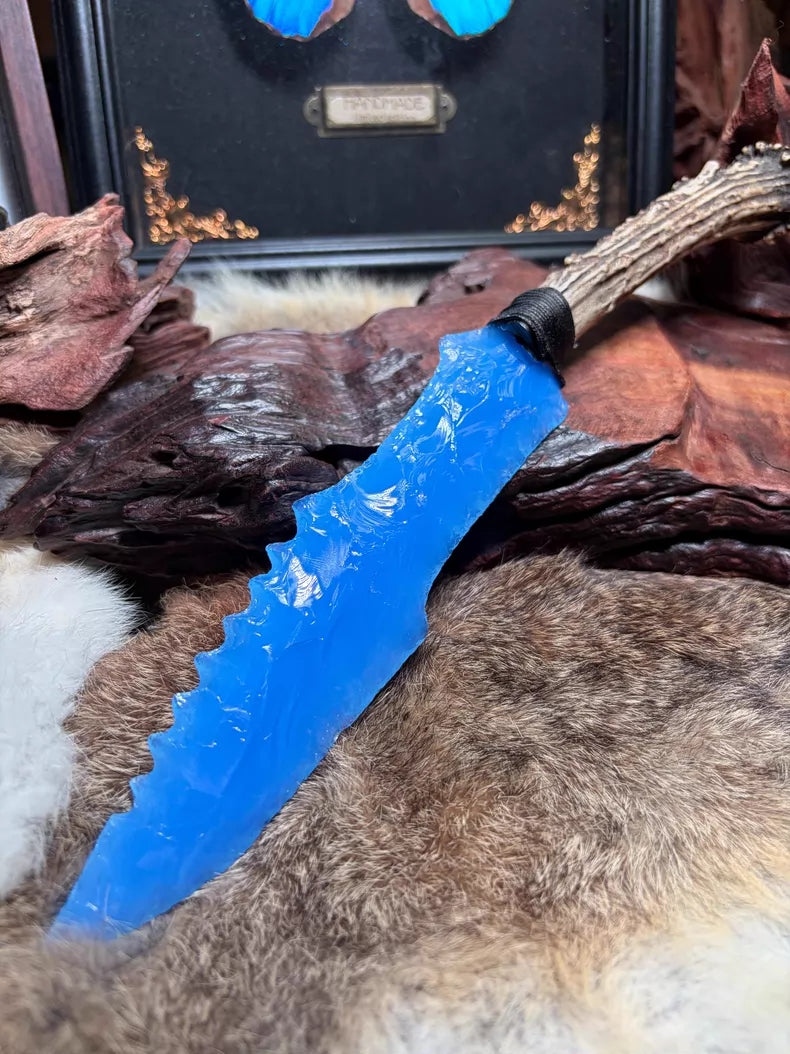Knapped stone tools, stone knives, stone blades, hunter, blue opal knapped stone blade.