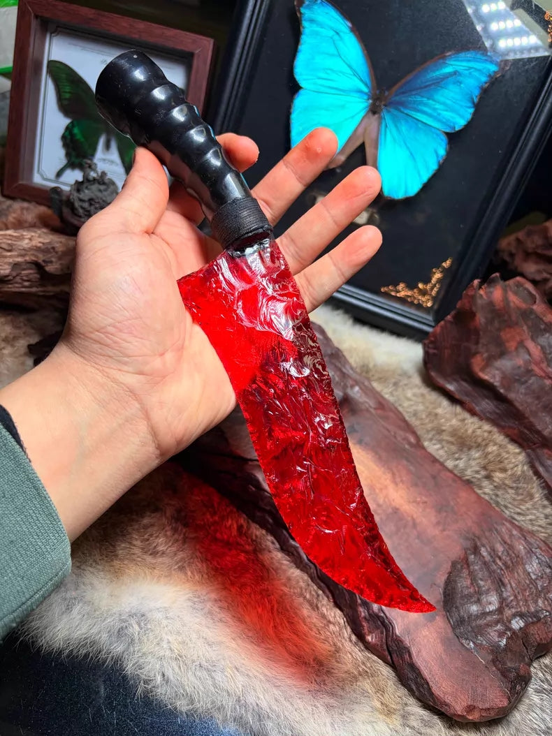 Knapped stone knife, red glass ancient-style hunting knife, flame-shaped stone blade, obsidian knife.