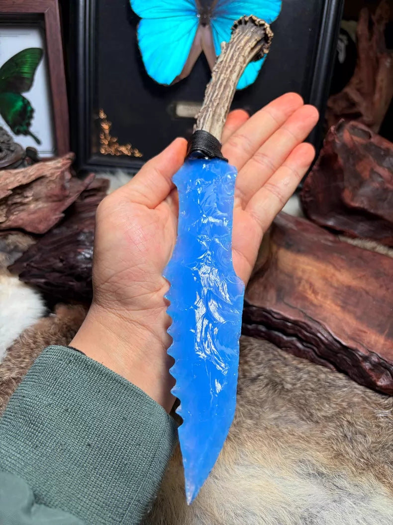 Knapped stone tools, stone knives, stone blades, hunter, blue opal knapped stone blade.