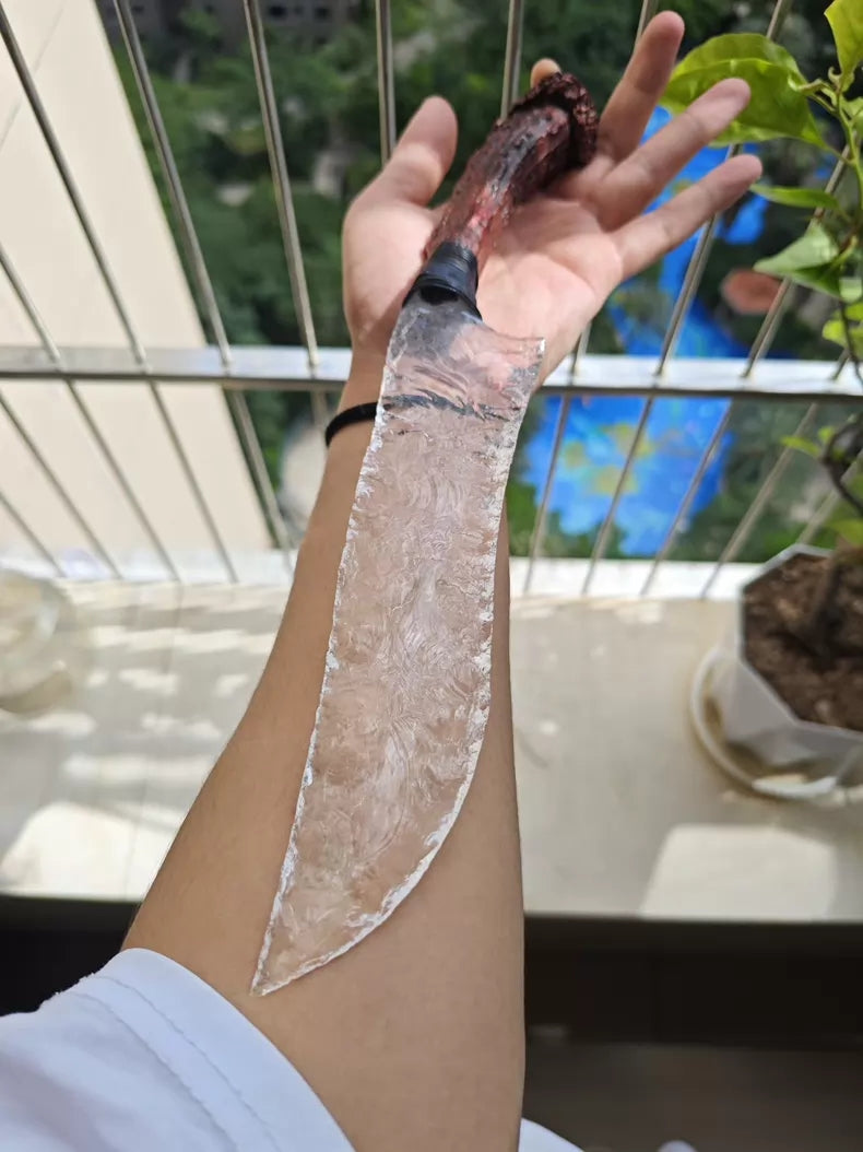 Hand-crafted stone knife / white quartz hunting knife – a striking, long hunting knife art piece/ornament.