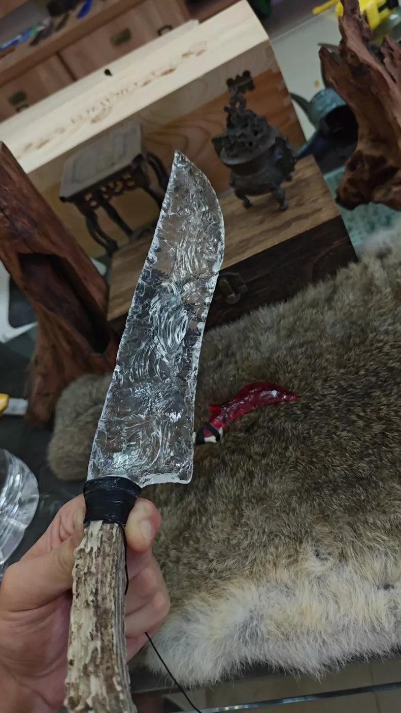Hand-crafted stone knife / white quartz hunting knife – a striking, long hunting knife art piece/ornament.