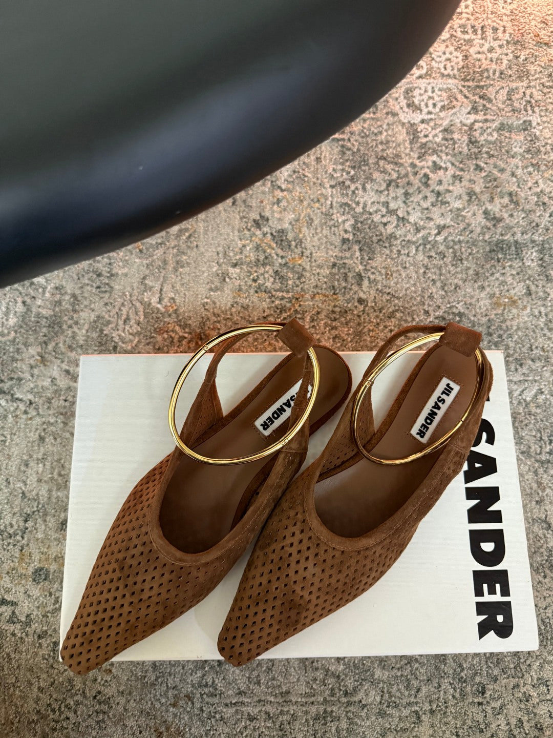 Jil Sander Pointed-Toe Perforated Suede Ballet Flats (Brown)