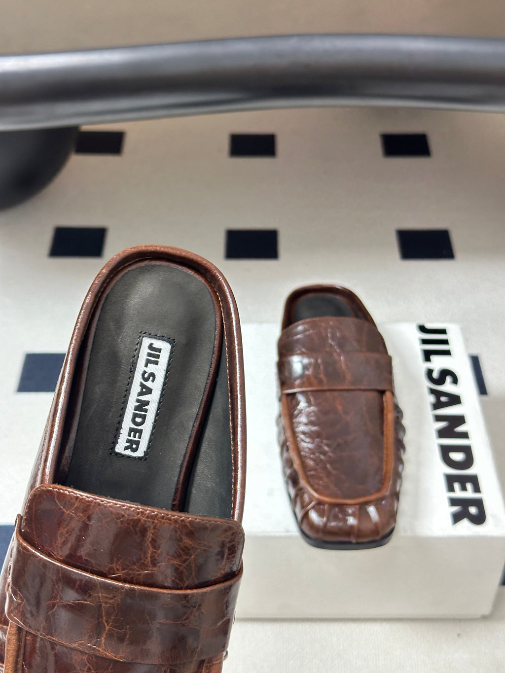 JIL SANDER Square-Toe Pleated Leather Mules (Brown)