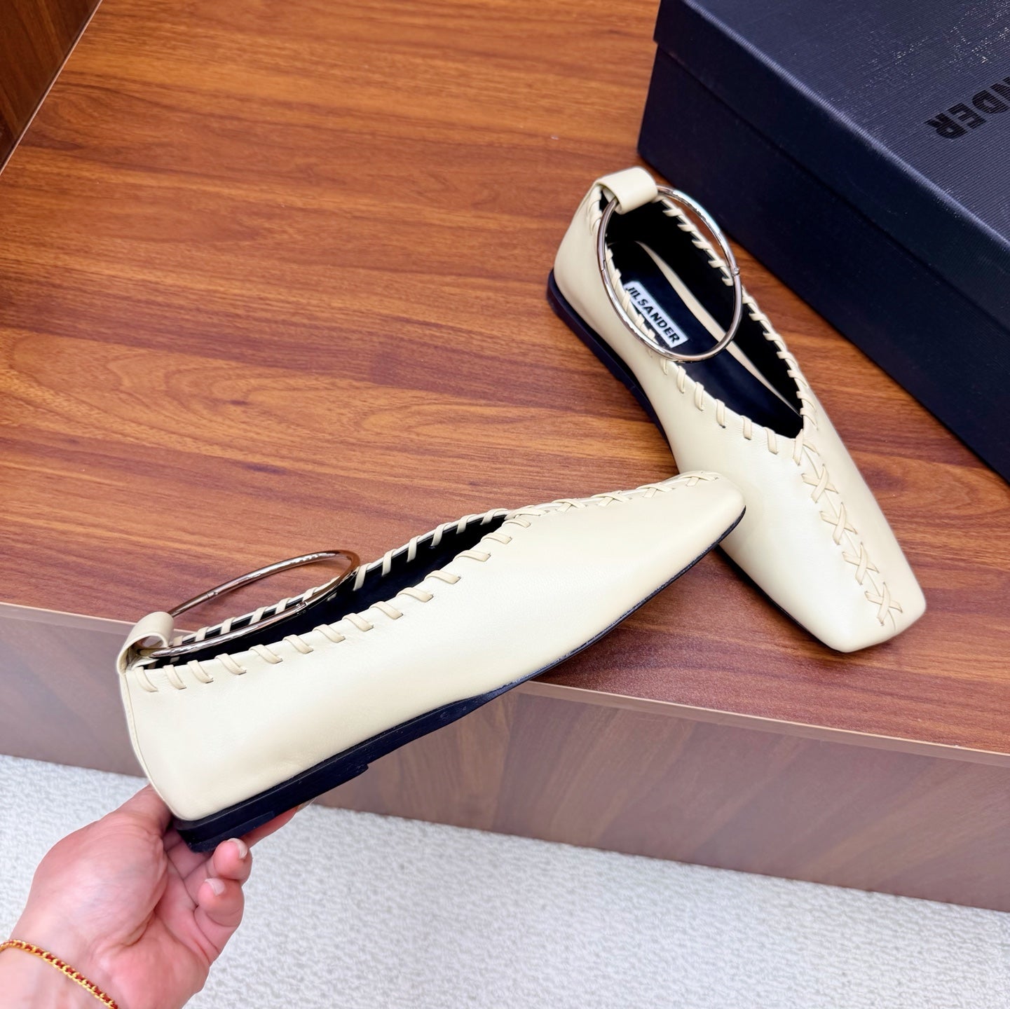 Jil Sander Classic Metallic Ring Ballet Flats (Off-White)