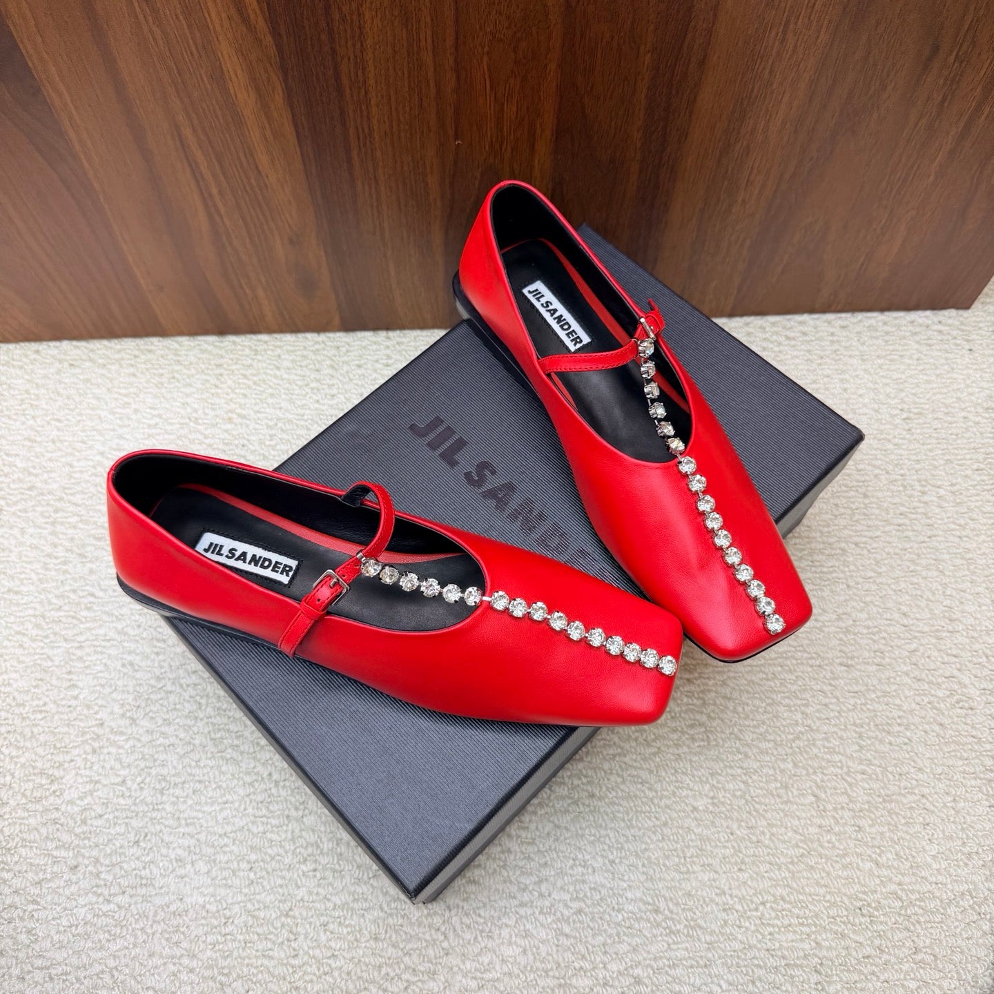 Jil Sander Luxury Crystal-Embellished Mary Jane Ballet Flats (Red)