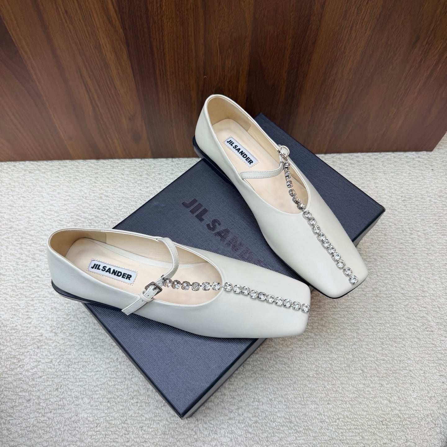 Jil Sander Luxury Crystal-Embellished Mary Jane Ballet Flats (White)