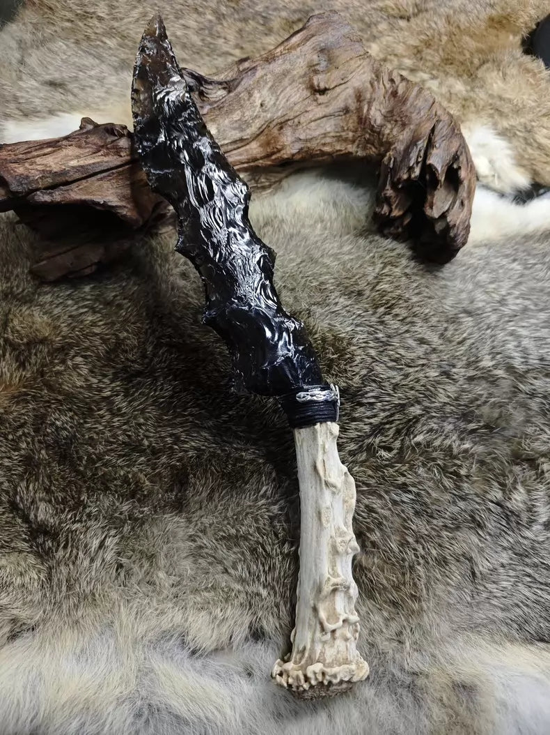Knapped stone knife, obsidian crystal knife, flame-style stone blade, obsidian blade, obsidian "dragon-glass" treasure knife.