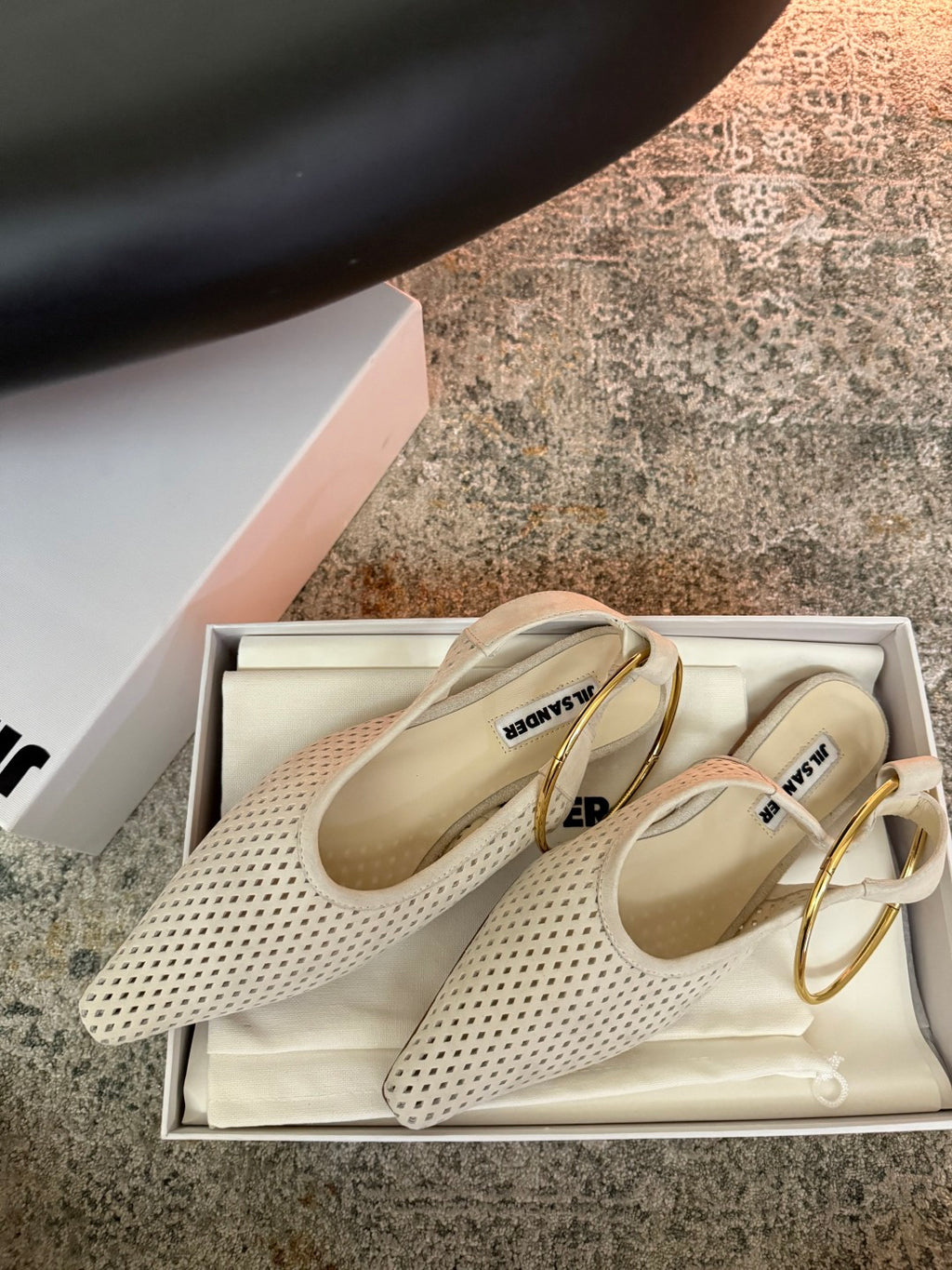 Jil Sander Pointed-Toe Perforated Suede Ballet Flats (Off-White)