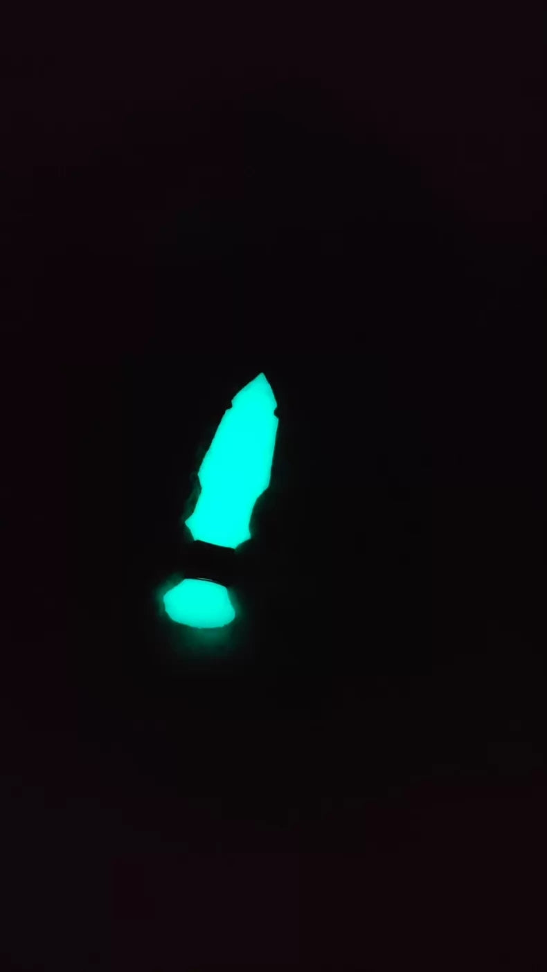 A masterpiece of a knapped stone knife! A glow-in-the-dark Danish-style dagger—it actually glows! Crafted from luminous blue stone material; a single-piece knife from the glow-in-the-dark series.
