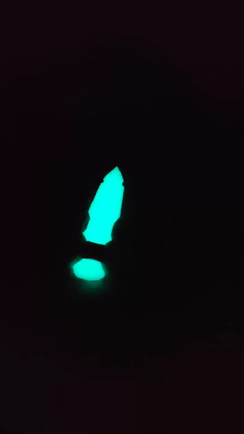 A masterpiece of a knapped stone knife! A glow-in-the-dark Danish-style dagger—it actually glows! Crafted from luminous blue stone material; a single-piece knife from the glow-in-the-dark series.