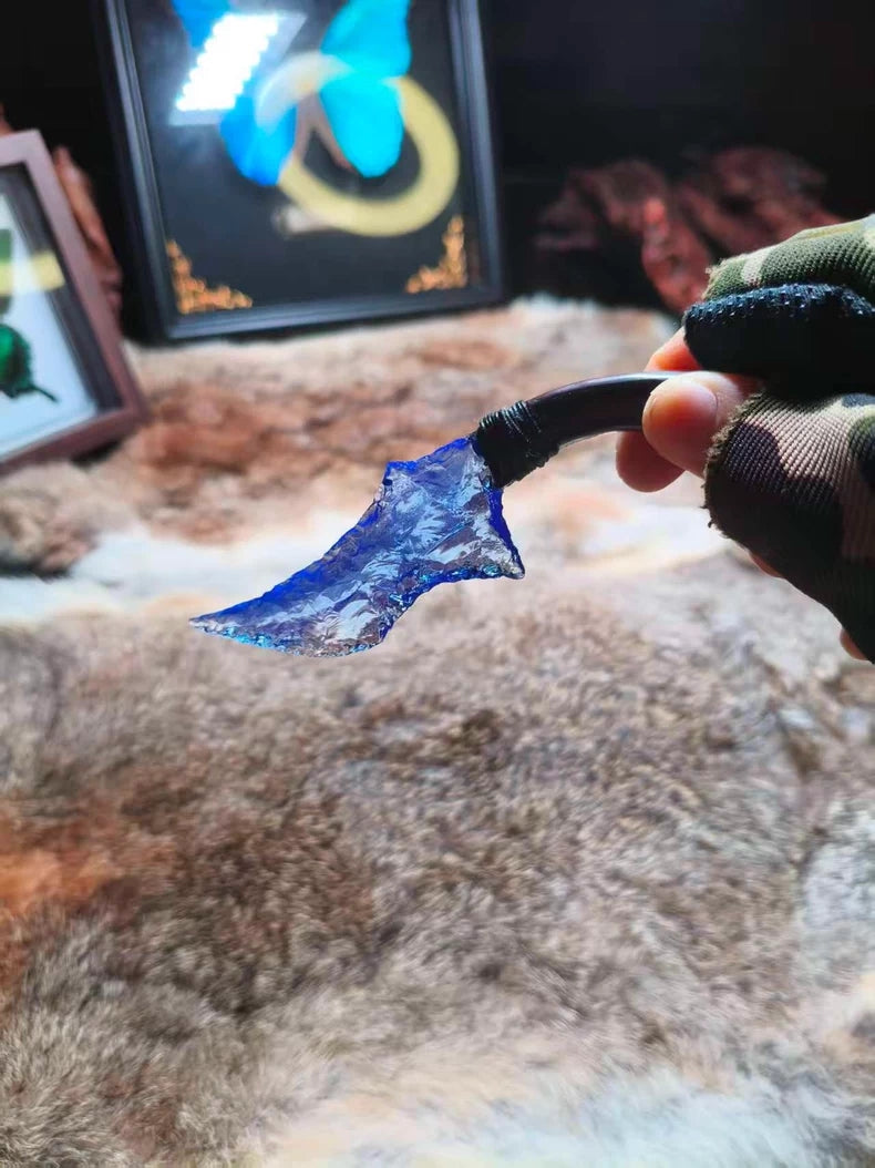 Knapped stone knife for opening packages; unique-shaped small knife; blue opal knife.