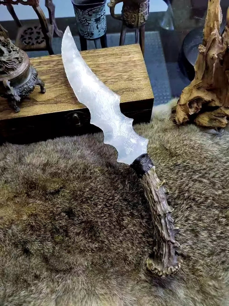 Hand-crafted stone knives; custom "Frost Dragon-Crystal" hunting knife series—a frost-imbued blade.