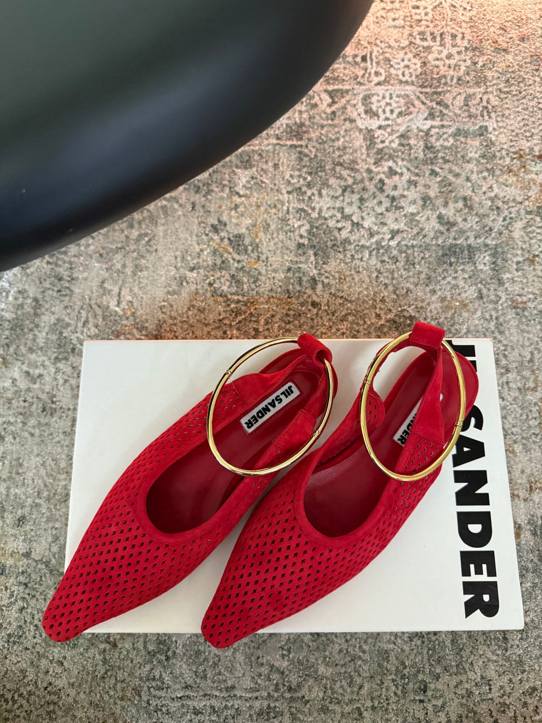 Jil Sander Pointed-Toe Perforated Suede Ballet Flats (Red)