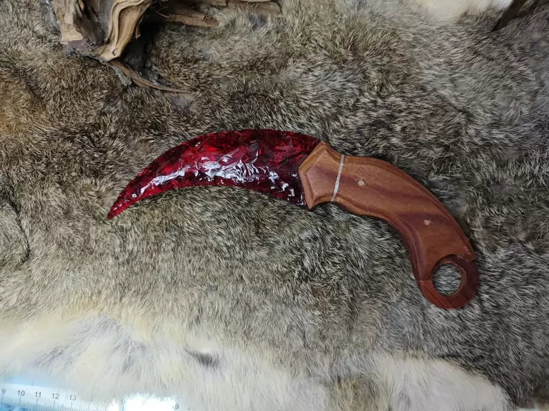 Knapped stone knife (karambit style with wooden handle) – K9 red crystal stone knife