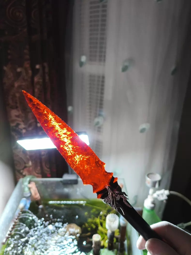Knapped stone tool with red crystal and red glass; straight-edged stone knife/blade—new "War-Stab" series stone knife.
