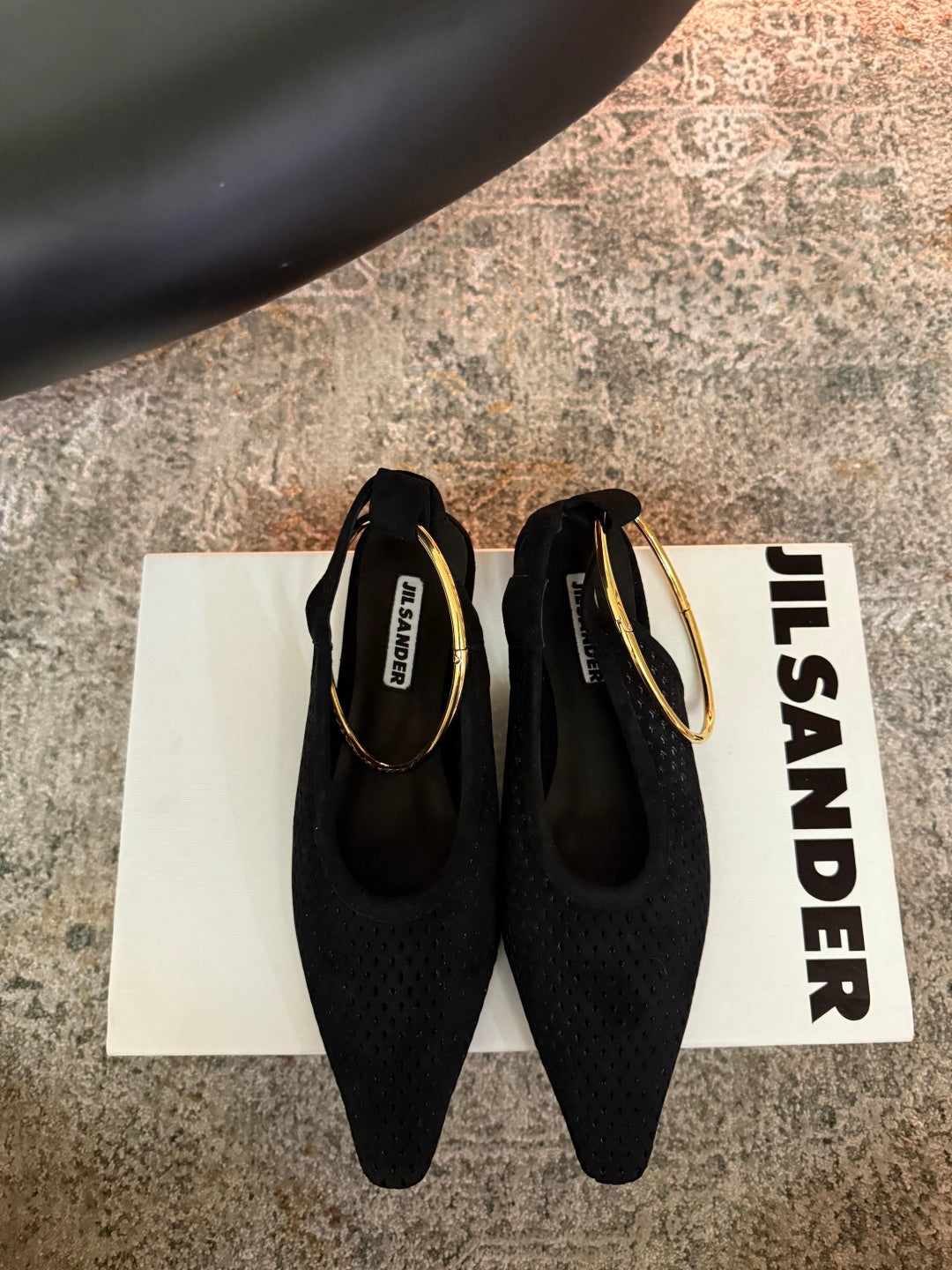 Jil Sander Pointed-Toe Perforated Suede Ballet Flats (Black)