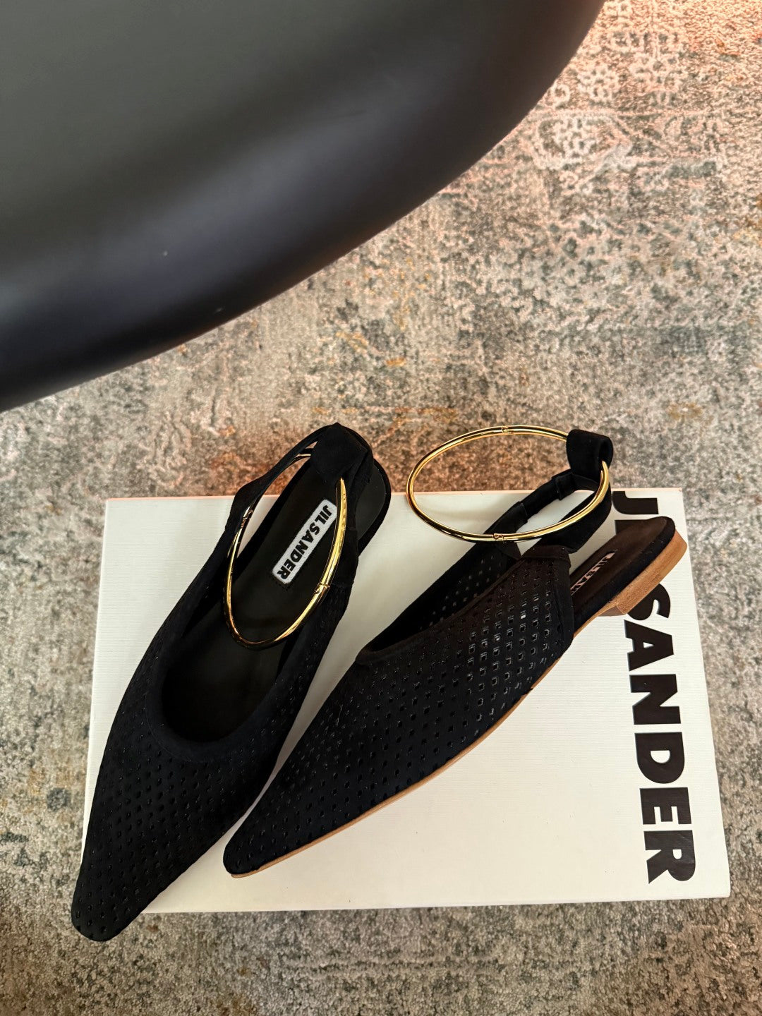 Jil Sander Pointed-Toe Perforated Suede Ballet Flats (Black)