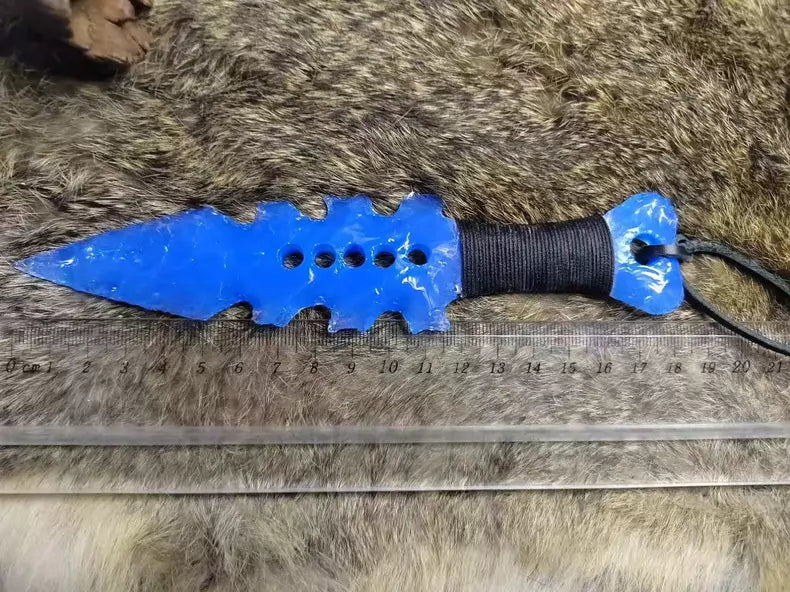 Tactical custom-forged stone-style knife; handcrafted custom knife with a unique blade shape and blue opal inlay; full-tang construction.