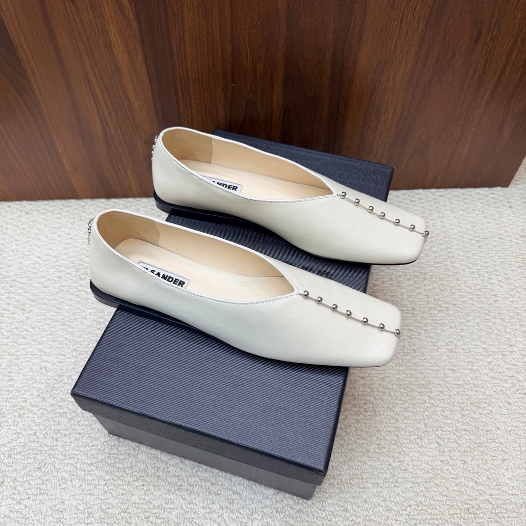 Jil Sander Stud-Embellished Leather Ballet Flats (White)