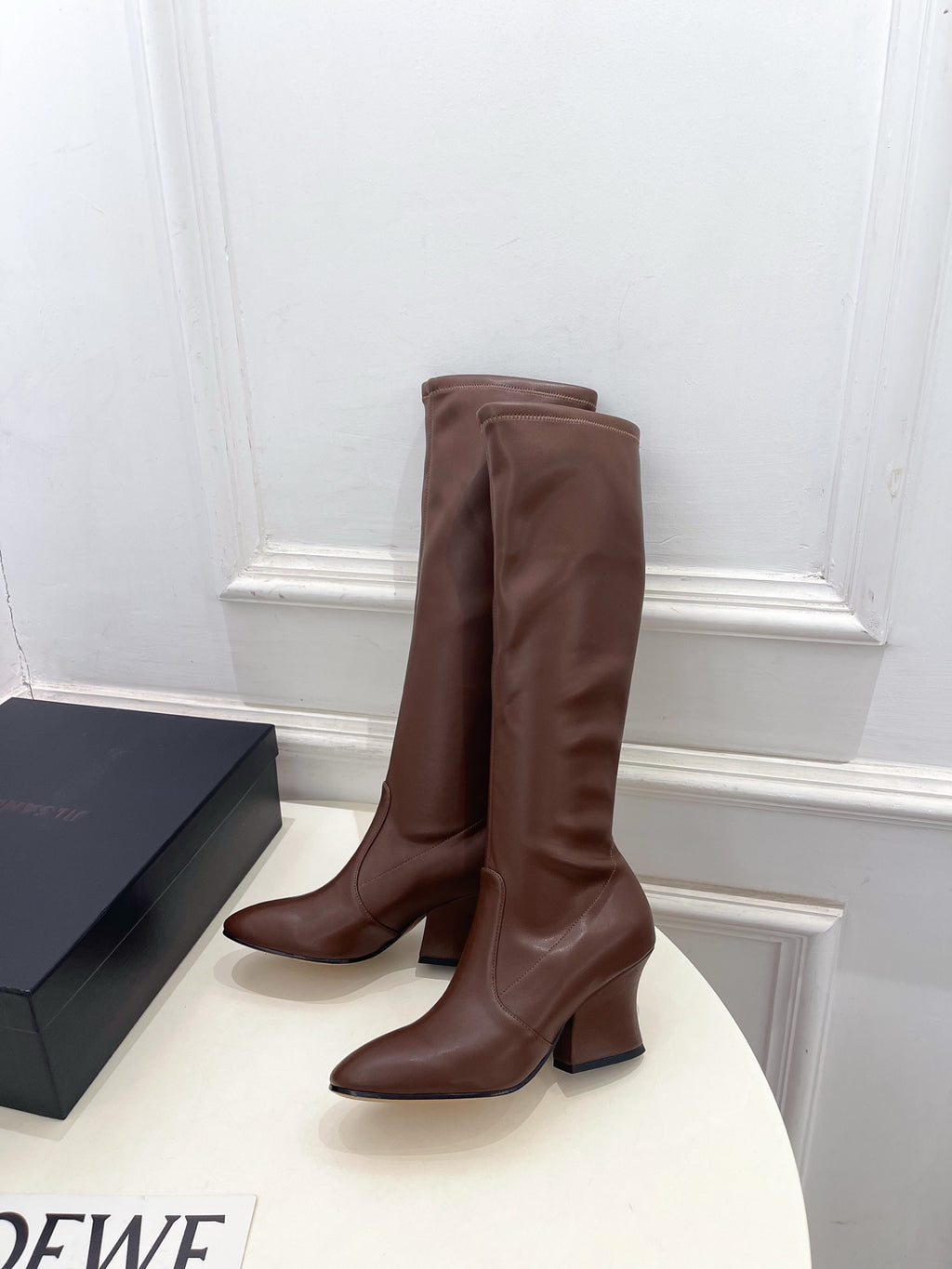Jil Sander Minimalist Retro Stretch High-Shaft Boots with Block Heels Brown