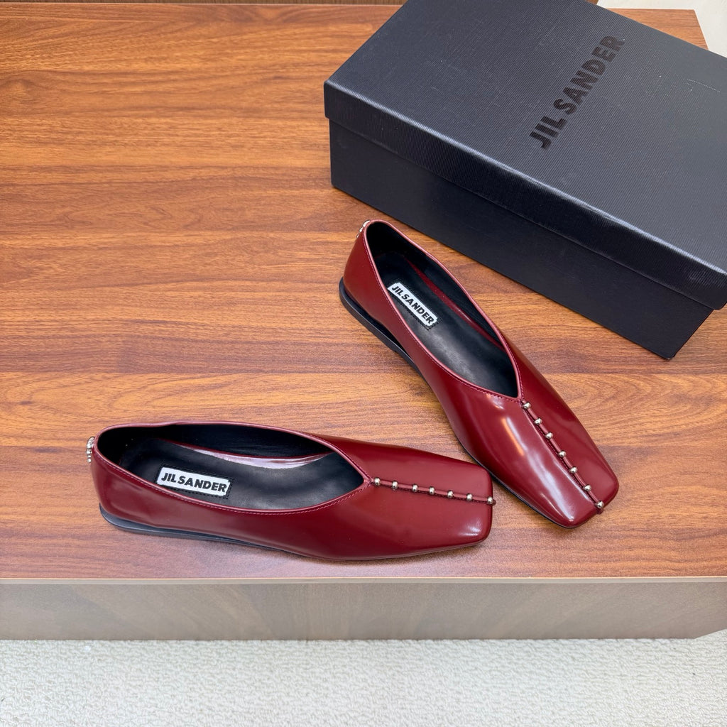 Jil Sander Stud-Embellished Leather Ballet Flats (Red)