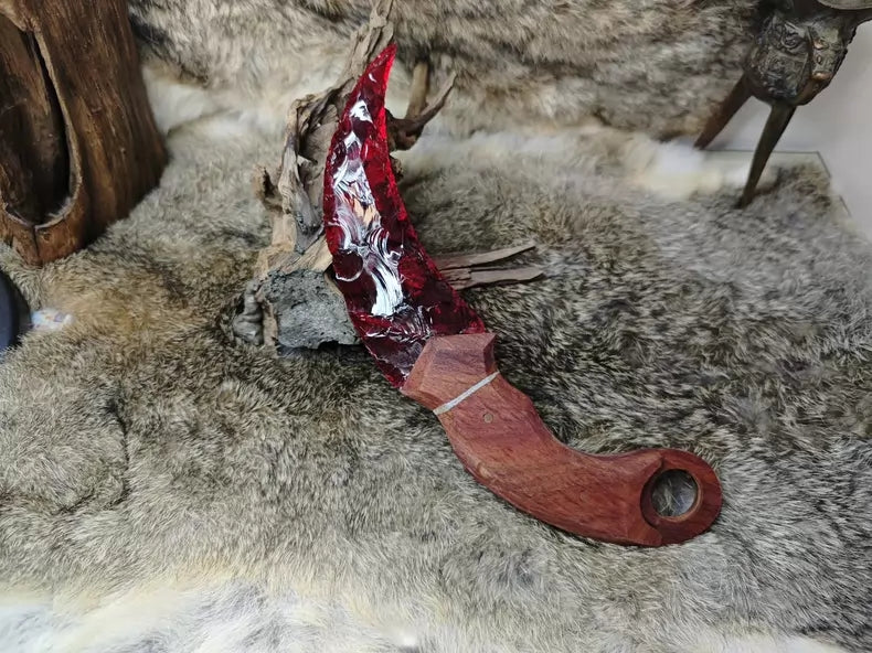 Knapped stone knife (karambit style with wooden handle) – K9 red crystal stone knife