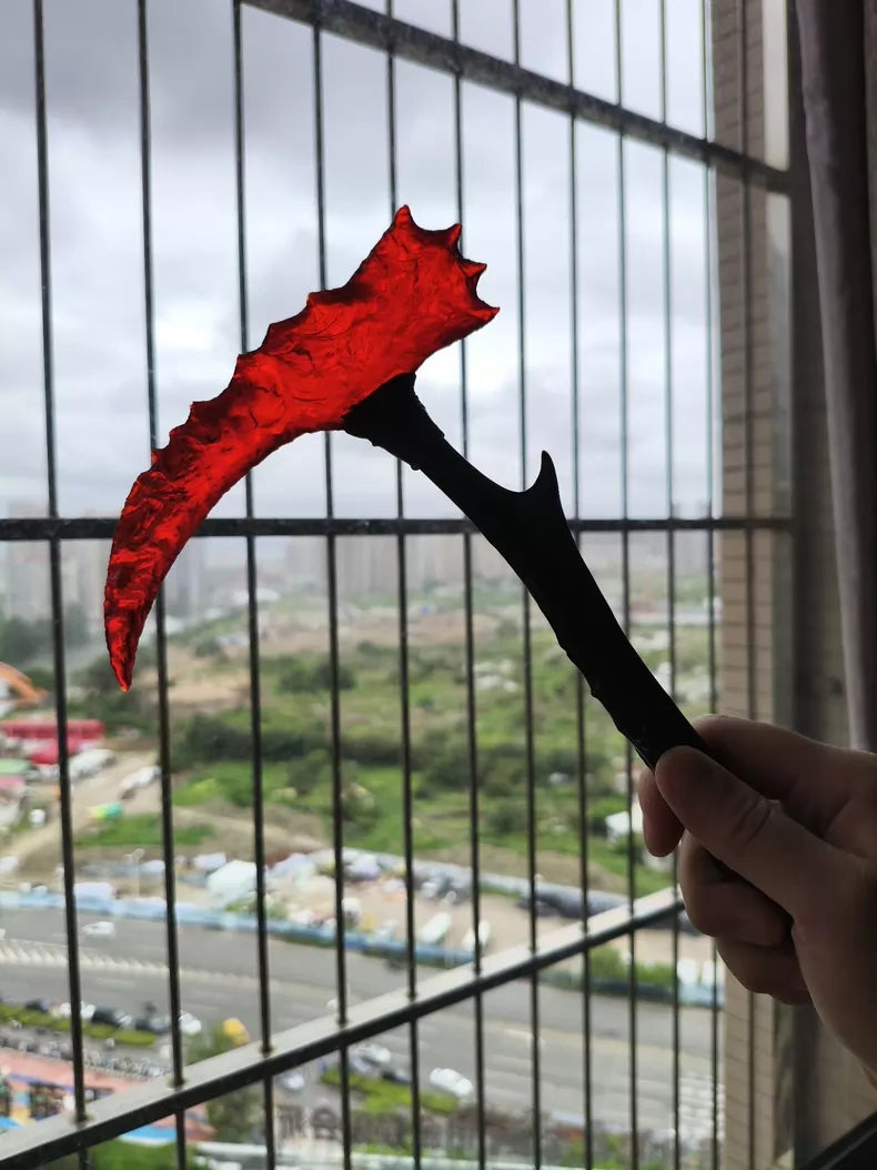 Hand-knapped stone knife: "Blood-Red Sickle" series—a highly complex, uniquely shaped "Crimson Flame" treasure blade.