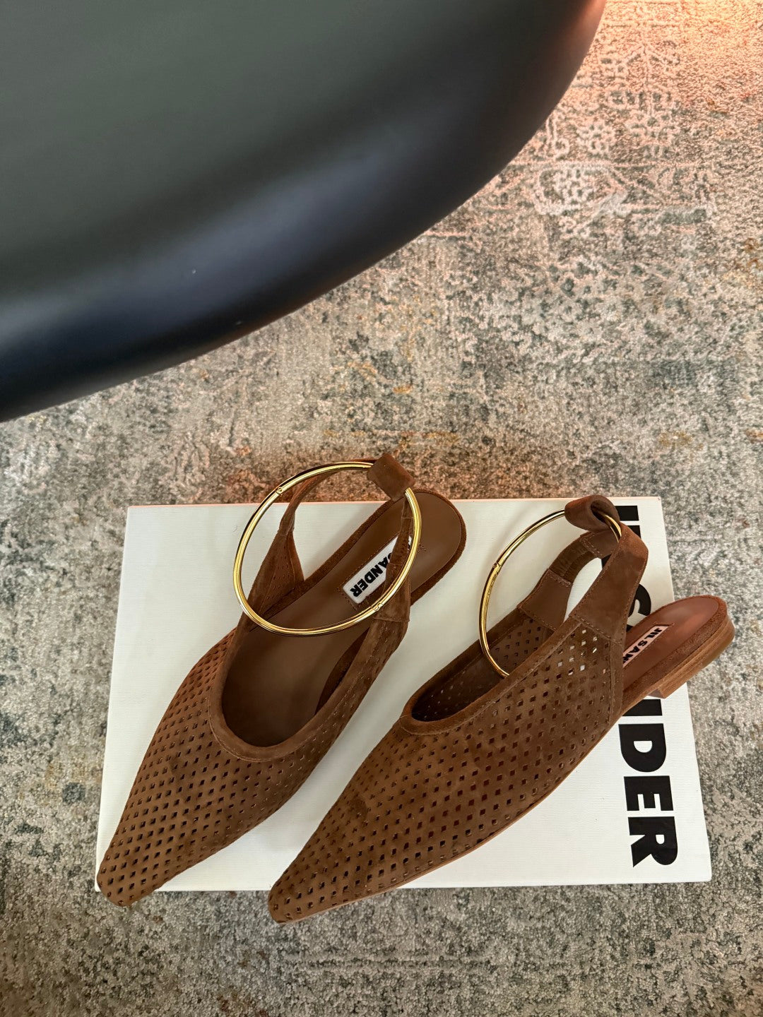 Jil Sander Pointed-Toe Perforated Suede Ballet Flats (Brown)