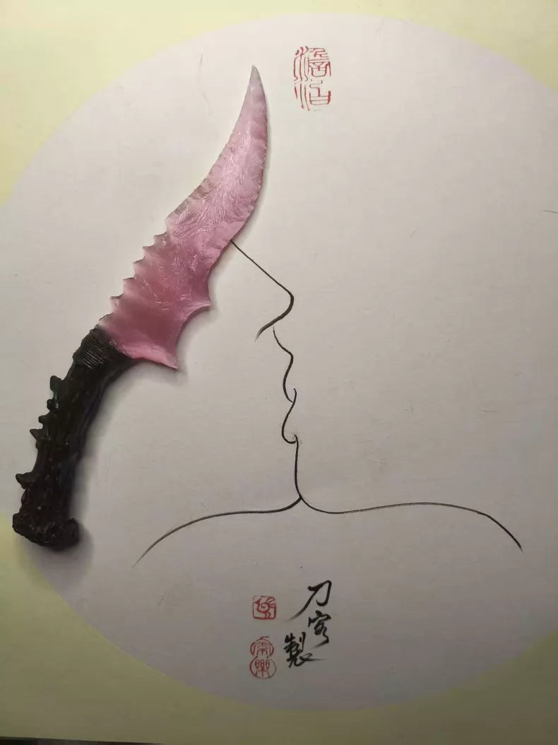 Knapped stone knives: rose quartz, "flame-style," and obsidian (dragon-crystal) blades—*Zhu Xian* series.