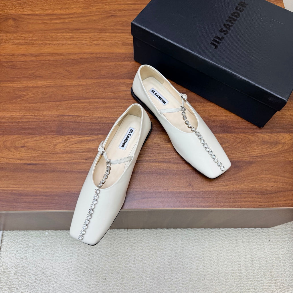 Jil Sander Luxury Crystal-Embellished Mary Jane Ballet Flats (White)