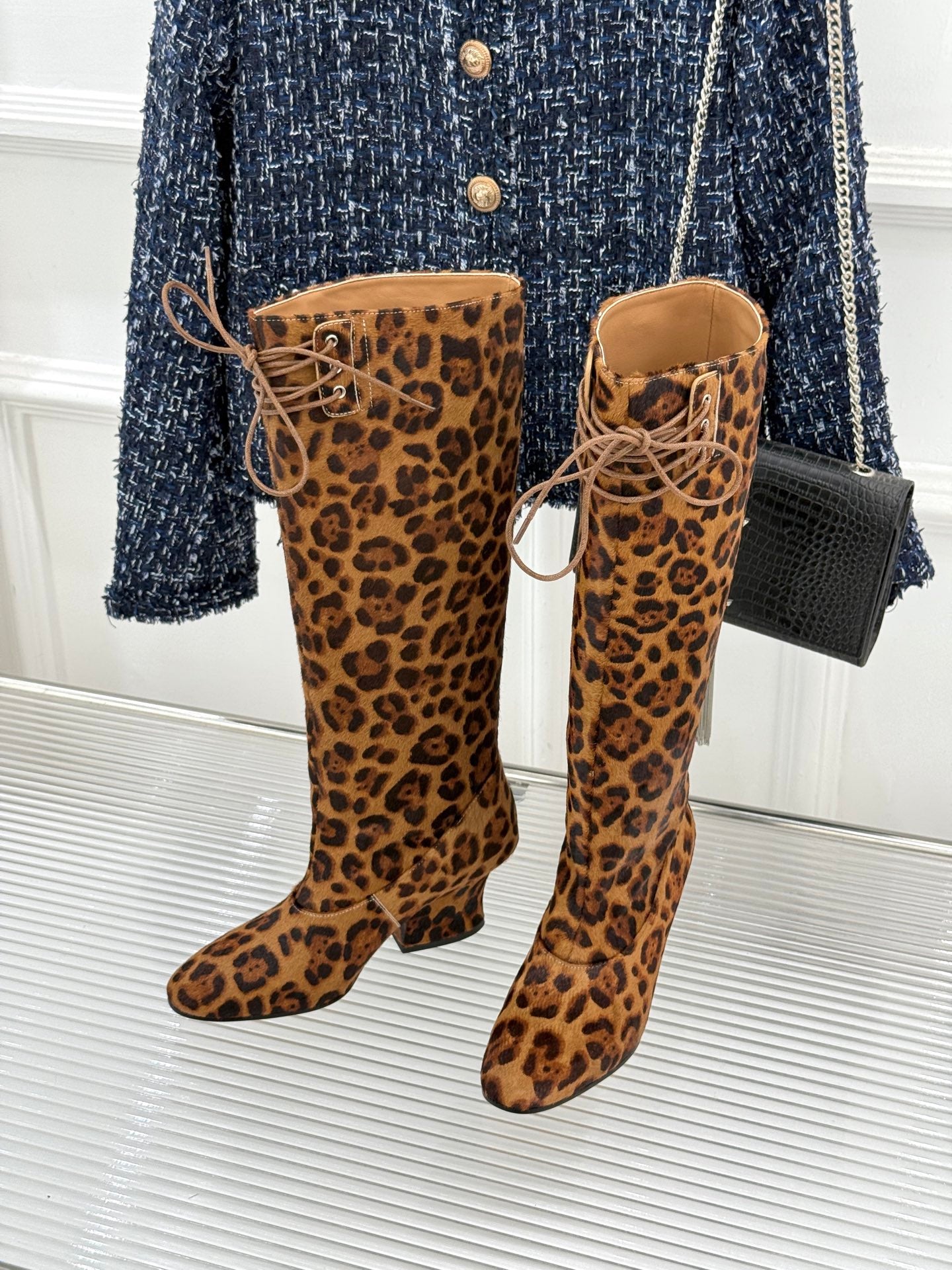 Jil Sander Lace-Up Block-Heel Boots (Leopard Print)