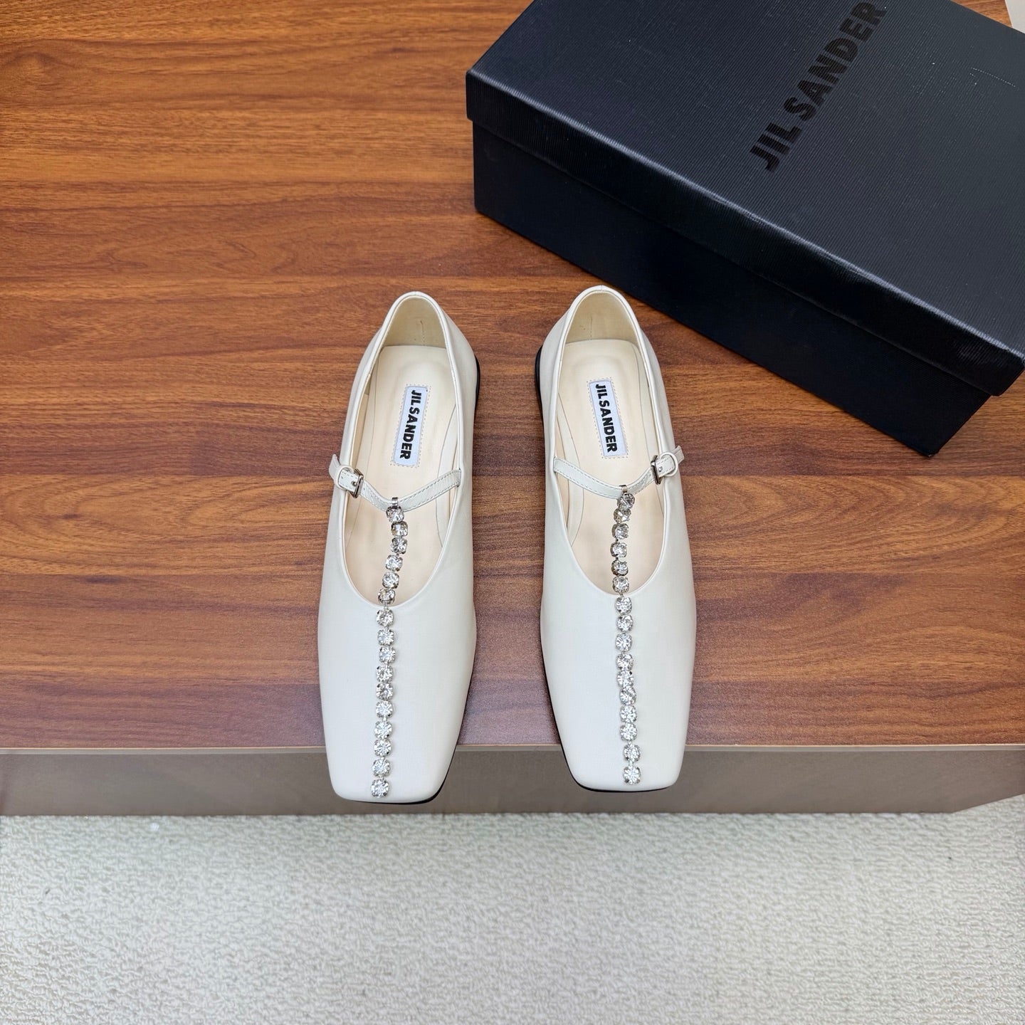 Jil Sander Luxury Crystal-Embellished Mary Jane Ballet Flats (White)