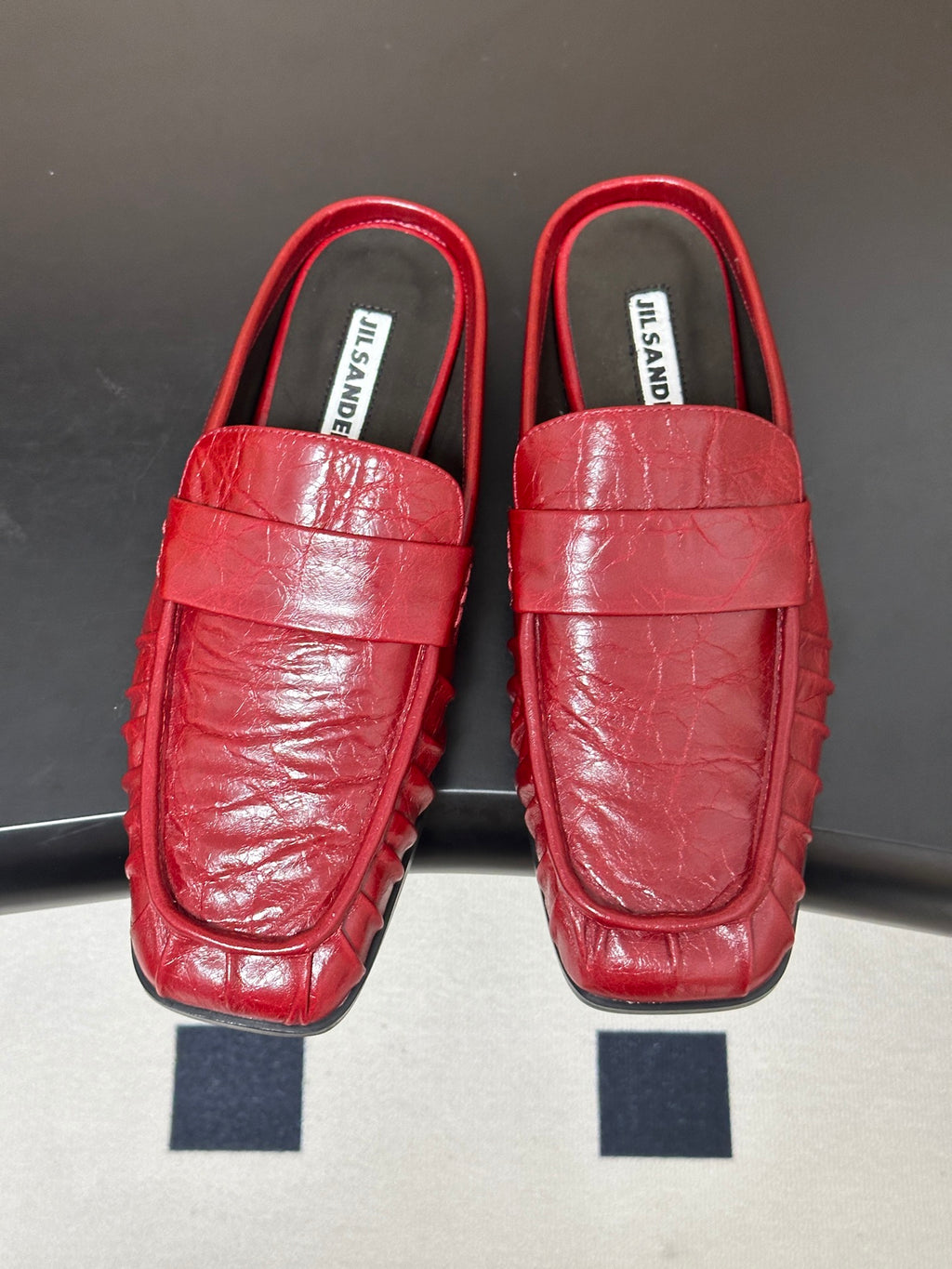 JIL SANDER Square-Toe Pleated Leather Mules (Red)